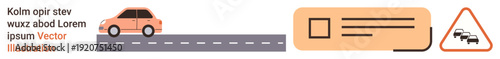 Transportation, driving safety, license regulations, roadway navigation, traffic management, signage design. Car driving on road, driver s license card traffic warning sign. Driving safety