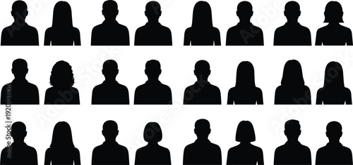 Silhouettes of diverse people in three rows against white background women