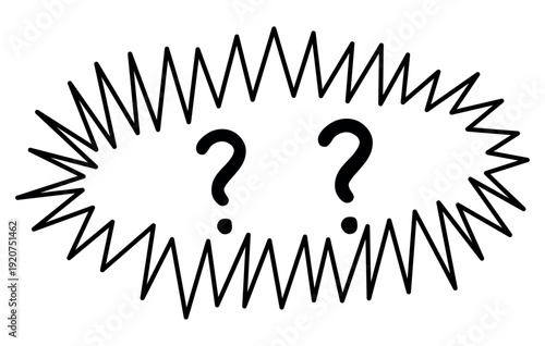 Hand drawn question marks inside comic speech bubble doodle style black outline symbol of doubt curiosity faq help concept minimal monochrome illustration