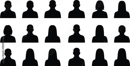 Silhouettes of people with different hairstyles in three rows on white background black