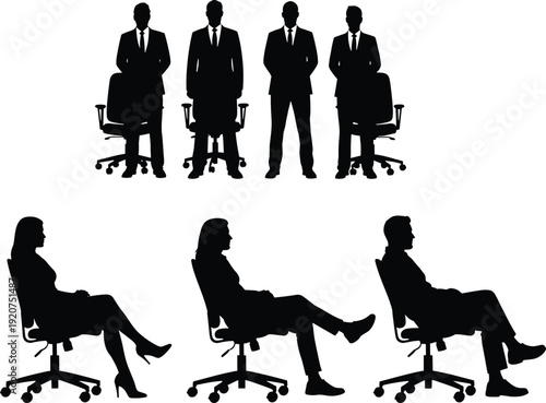 Silhouettes of people sitting and standing in business attire with office chairs