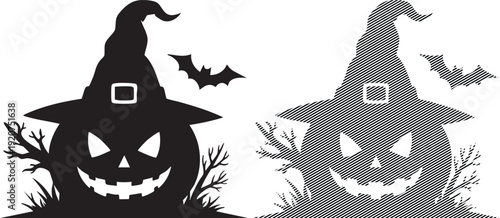 Halloween jackolanterns in witch hats with bats and branches silhouette vector art