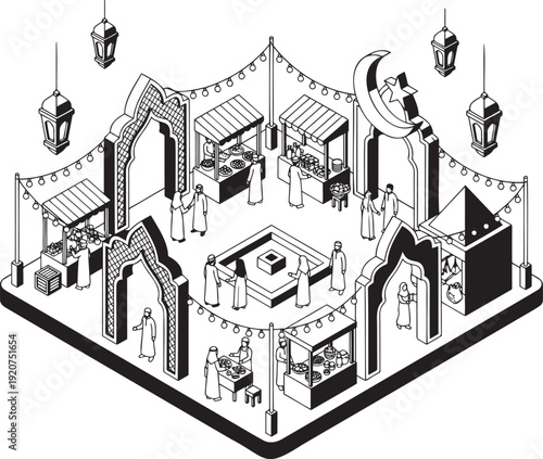 Vibrant Ramadan marketplace scene with people shopping and socializing
