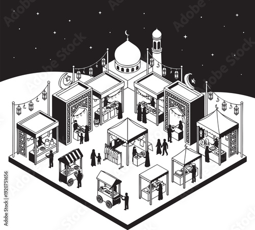 Vibrant nighttime market scene with mosque and food stalls