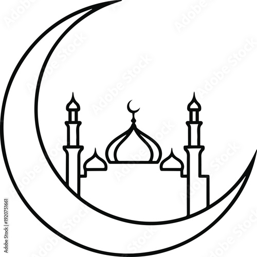 Elegant mosque silhouette under crescent moon