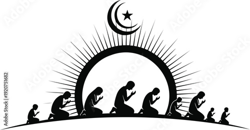 People praying at sunrise with crescent moon and star