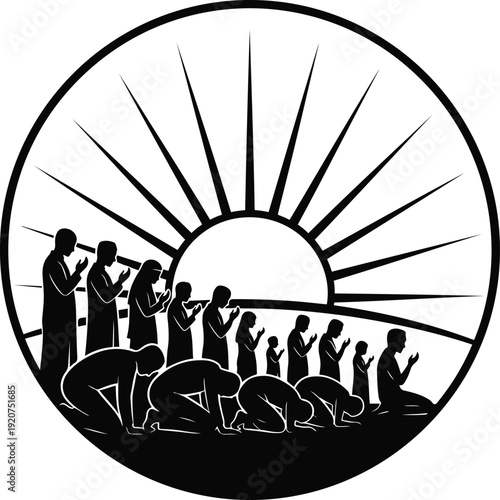 People praying together at sunrise in circular frame