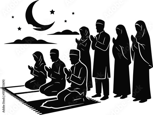 Muslim family praying together at night under starry sky with crescent moon
