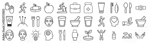 Medical health and fitness outline icon set, thin line vector collection isolated on transparent background