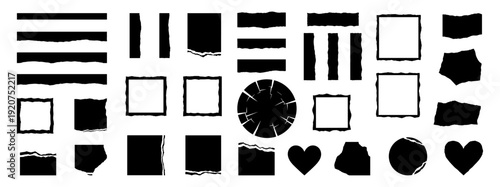 Torn ripped paper frame and strip silhouette icon set, grunge edge border texture elements isolated on transparent background