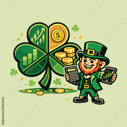 St. Patrick’s Day Leprechaun Investor with Lucky Shamrock Stock Market and Crypto Trading Illustration