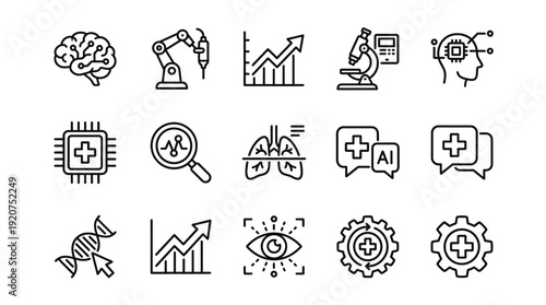 Medical technology and artificial intelligence icon set featuring minimalist black line illustrations on a white background. This collection includes symbols for digital health, robotic surgery, DNA r