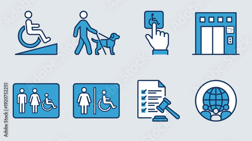 Accessibility icons set featuring disability symbols for inclusion, ADA compliance, and universal design. The collection includes a wheelchair ramp, guide dog, accessible elevator, restroom signs, and