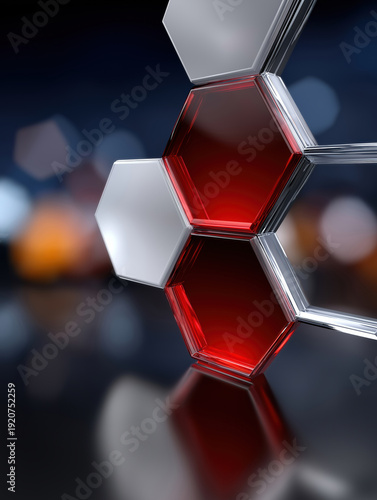 Molecular structure with red liquid in hexagonal shapes
