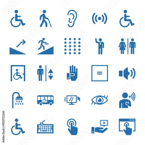 A comprehensive set of 25 blue accessibility icons arranged in a grid on a white background. This collection features universal symbols for wheelchair access, visual and hearing impairments, mobility 