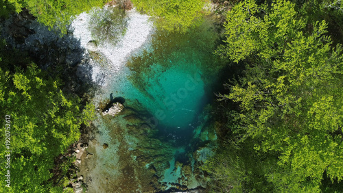 Turquoise spring water surrounded by lush green forest