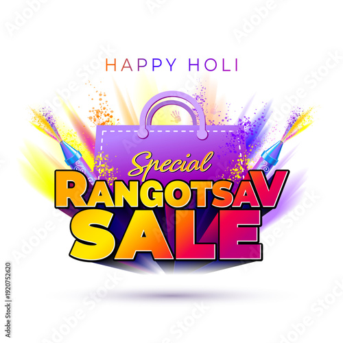 Festival of colors Holi. Sale offer promotion advertising and 3d text special rangotsav sale logo design with vibrant Holi color explosion.
