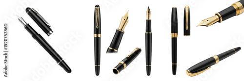 Schilderij op canvas Set and collection of elegant black and gold fountain pens with classic nibs in