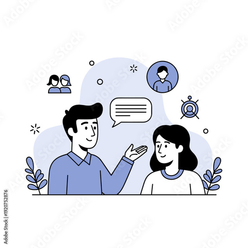 Cartoon caucasian male and female characters engaging in conversation