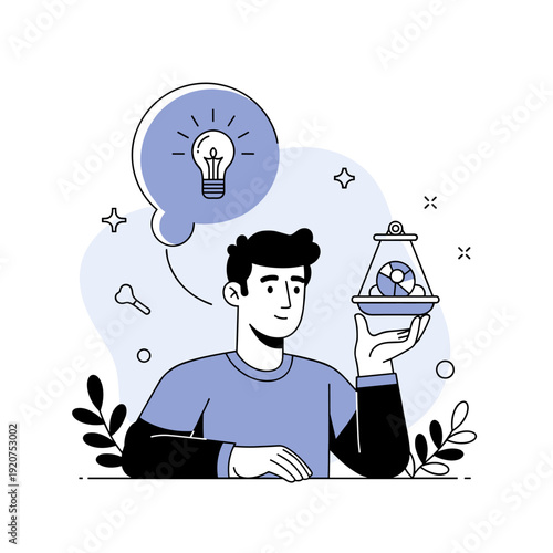 Young caucasian male illustrating concept of new idea with light bulb and hourglass