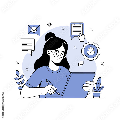 Young asian female with tablet and communication icons