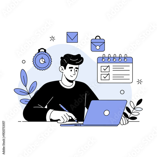 Young male working on laptop with time management icons and stationary elements