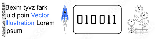 Technology, digital innovation, cryptocurrency, startups, programming, economy development. Binary code, rocket and money plant icons. Technology and digital innovation theme