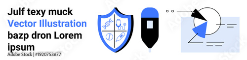 Shield with health icons, IV drip, and abstract data visualization. Ideal for healthcare, research, security, safety, medical innovation, data analysis simple landing page
