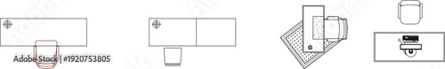 Minimalist office desk floor plans featuring workstations with chairs, computers, and simple rectangular table layouts.
