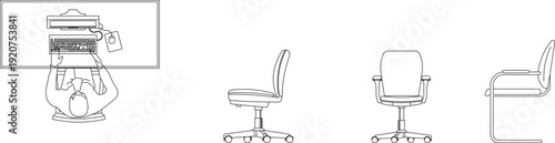 Office chair elevation and ergonomics illustration, featuring task chairs, side chairs, and correct sitting posture plan
