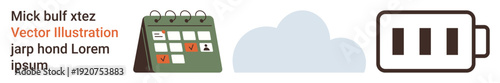 Productivity, cloud computing, scheduling, technology, energy management, digital organization. Icons of a calendar, cloud and battery. Productivity and cloud computing visual