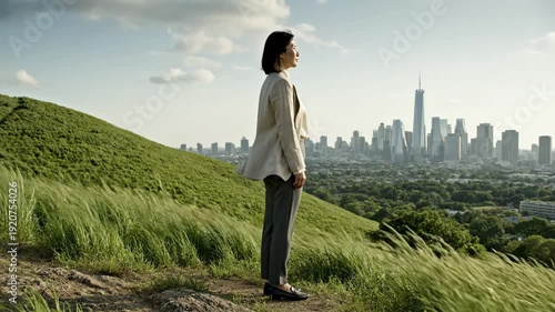Person standing between nature and city. A person stands quietly at a midpoint where an open landscape meets a far-off city skyline, holding a balanced stance.