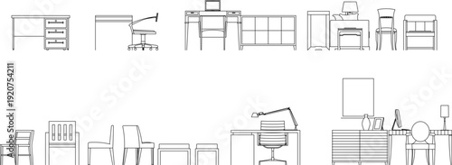 Office furniture elevation icons, featuring desks, ergonomic chairs, workstations, and storage units for interior design.