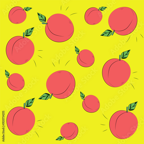 Set of pink peaches on yellow background, seamless pattern of bright fruits isolated on a bright background, hand drawn.