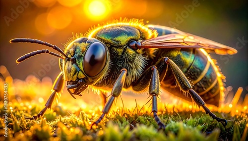 A close-up, backlit image of an insect with iridescent colors, featuring large eyes and delicate wings resting on green moss