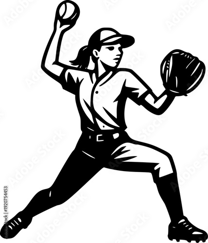 Black and white vector of a softball player, isolated on white. Great for sports posters, t-shirts, logos, websites, and digital design projects.