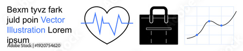 Business strategy, healthcare management, analytics, career development, growth metrics, monitoring tools. Heartbeat, briefcase and upward graph icon. Business strategy and healthcare management