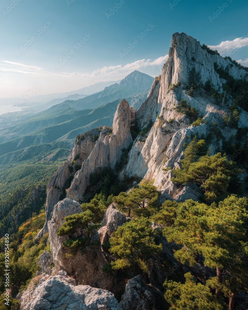 Fototapeta premium Majestic limestone peaks of Ai-Petri mountains under a clear blue sky.