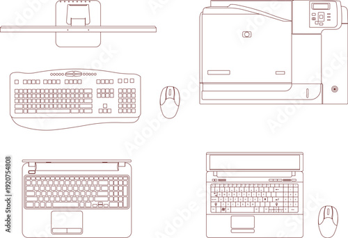 Collection of office technology icons featuring laptops, keyboard, mouse, and printer in top view for workspace floor plans.