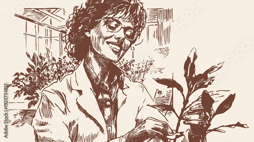 Smiling gardener woman holding young potted plant. Close portrait in greenhouse workspace, banner for plant care branding. Ink hand drawn line sketch style.