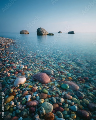 A serene wild beach with colorful pebbles and calm blue sea. A few large rocks in the water.