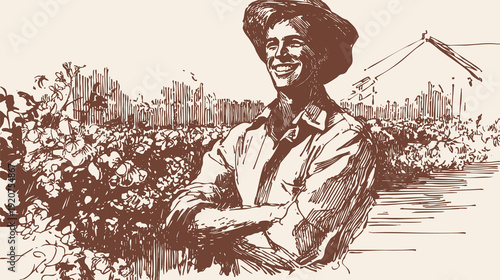 Confident farmer standing in blooming countryside field. Banner for agriculture branding and eco farm products. Vintage hand drawn sketch style with rural landscape composition.