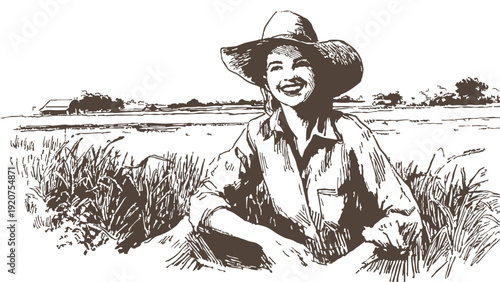 Cheerful farmer woman sitting countryside farming landscape. Rural female agricultural worker enjoying peaceful farm environment. Hand drawn pencil sketch style illustration. Banner for organic farmin