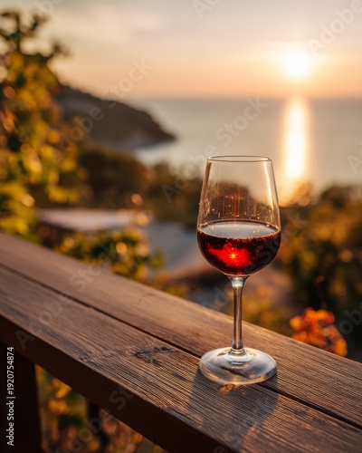A close-up of a glass of red Crimean wine on a terrace overlooking the vineyards and the sea at sunset.