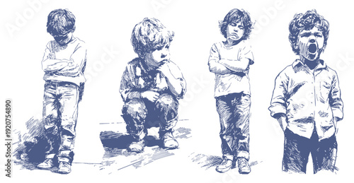 Kids emotions set sad angry crying poses illustration. Collection of children showing sadness, anger, crying and frustration in pencil sketch drawing style. Background for parenting materials.