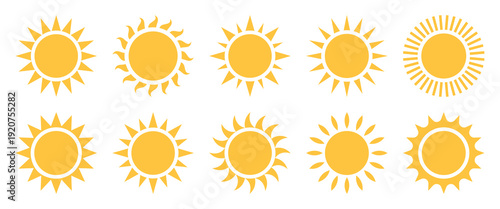 Set of  yellow sun icons.Sunshine icon isolated on white background.