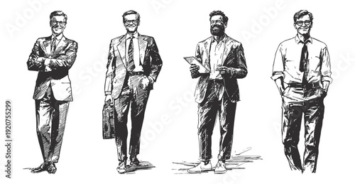Businessmen professional office workers corporate leadership characters. Confident managers wearing formal suits and holding documents. Detailed ink drawing sketch style, banner for corporate branding