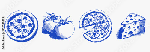 Pizza and tomatoes ink line sketch. Italian food set with gourmet cheese with rough crayon texture for mediterranean cafe posters.