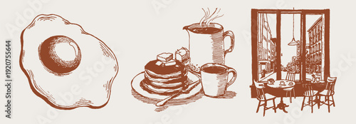 Fried egg and pancake coffee breakfast food set. Hand drawn crayon vintage sketch drawing line style. Classic brunch plates with butter, syrup and warm drinks.