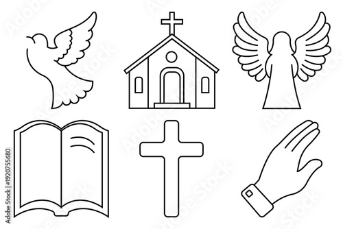 A set of icons of the Christian faith and religion. Church and religious symbols. Christian icons set.